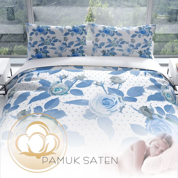 Комплект постільної білизни PerlaSera BlueRose 3D з бавовняного сатину для двоспального ліжка 200x220 см з яскравим цифровим друком - фото 4