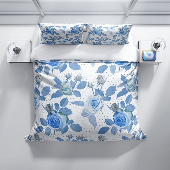 Комплект постільної білизни PerlaSera BlueRose 3D з бавовняного сатину для двоспального ліжка 200x220 см з яскравим цифровим друком - фото 3