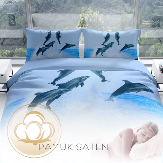 Двоспальний комплект постільної білизни Cattleya Dolphin2 3D з бавовняного сатину, 200x220 см, яскраві кольори, якісний матеріал, дихаюча структура - фото 4