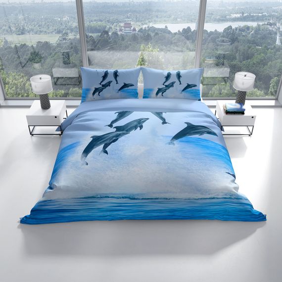 Двоспальний комплект постільної білизни Cattleya Dolphin2 3D з бавовняного сатину, 200x220 см, яскраві кольори, якісний матеріал, дихаюча структура - фото 2
