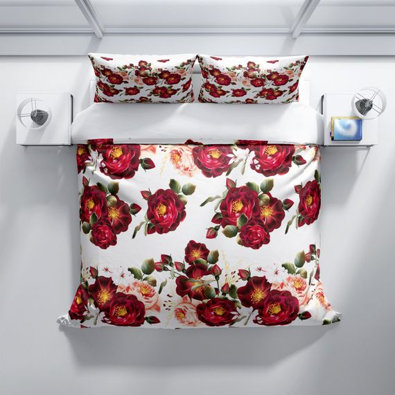 Cattleya Red Rose 3D Cotton Satin Double Duvet Cover Set - photo 3