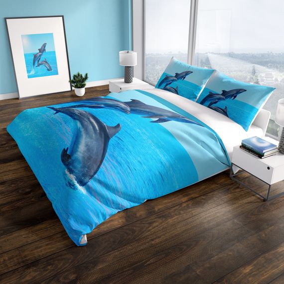 Комплект постільної білизни PerlaSera Dolphin3 3D з бавовняного сатину для двоспального ліжка, 200x220 см, яскраві кольори, висока якість, без нижньої простирадла - фото 1