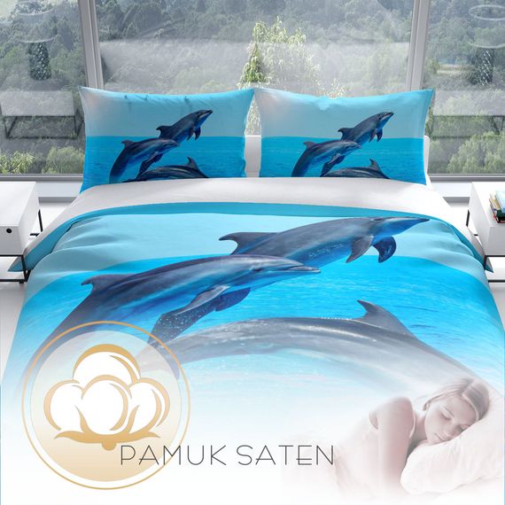Комплект постільної білизни PerlaSera Dolphin3 3D з бавовняного сатину для двоспального ліжка, 200x220 см, яскраві кольори, висока якість, без нижньої простирадла - фото 4