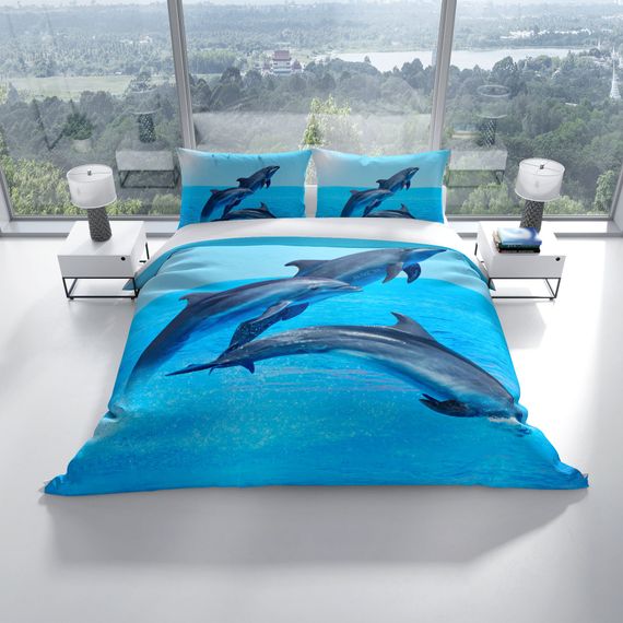 Комплект постільної білизни PerlaSera Dolphin3 3D з бавовняного сатину для двоспального ліжка, 200x220 см, яскраві кольори, висока якість, без нижньої простирадла - фото 2