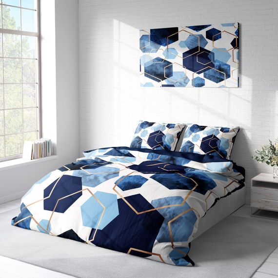 Комплект постільної білизни MonoHome Blue Hexagon 3D з бавовняного сатину для двоспального ліжка 200х220 см з яскравими кольорами - фото 2