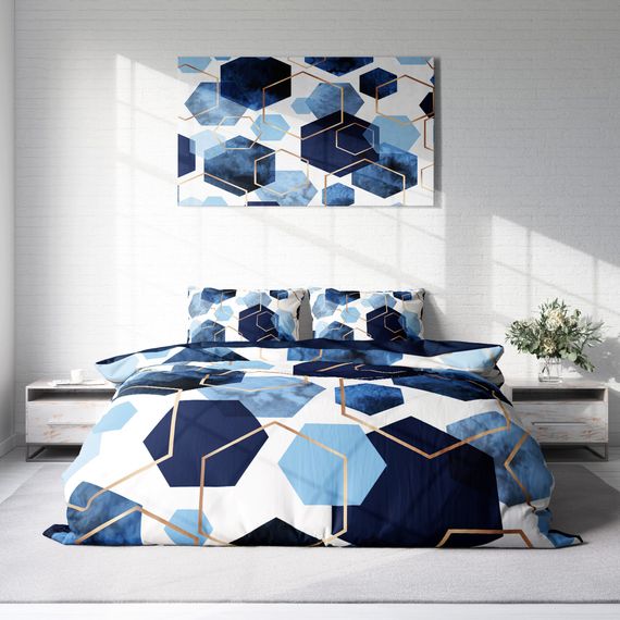 Комплект постільної білизни MonoHome Blue Hexagon 3D з бавовняного сатину для двоспального ліжка 200х220 см з яскравими кольорами - фото 3