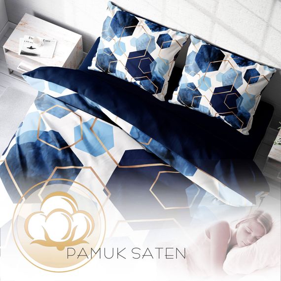 Комплект постільної білизни MonoHome Blue Hexagon 3D з бавовняного сатину для двоспального ліжка 200х220 см з яскравими кольорами - фото 4