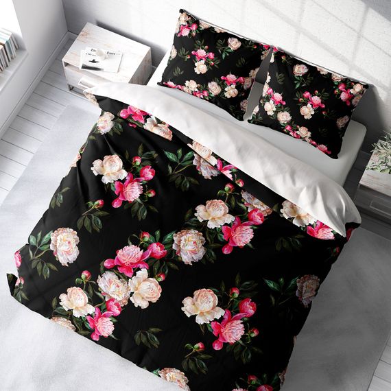 Набір постільної білизни MonoHome Black Flower 3D з бавовняного сатину для двоспального ліжка 200х220 см, яскраві кольори та комфортний матеріал - фото 1