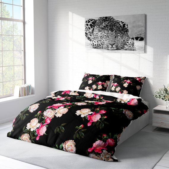 Набір постільної білизни MonoHome Black Flower 3D з бавовняного сатину для двоспального ліжка 200х220 см, яскраві кольори та комфортний матеріал - фото 2