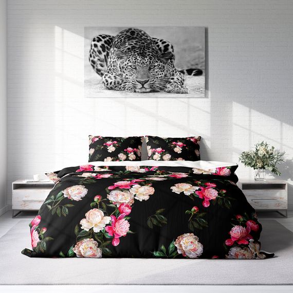 Набір постільної білизни MonoHome Black Flower 3D з бавовняного сатину для двоспального ліжка 200х220 см, яскраві кольори та комфортний матеріал - фото 3