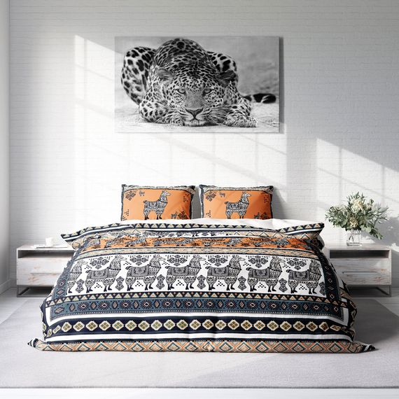 Комплект постельного белья двуспальный MonoHome Lama Tattoo 3D из хлопкового сатина, цифровая печать, живые цвета, размер 200x220 см, мягкий и воздухопроницаемый - фото 3