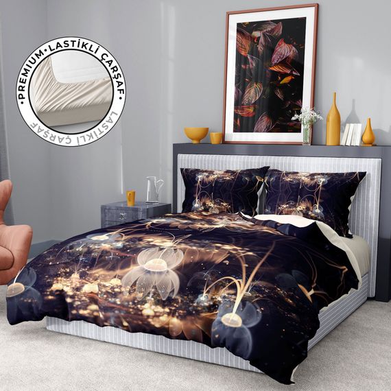 طقم غطاء لحاف مزدوج فاخر فاخر من Monohome مصنوع من القطن الساتان ثلاثي الأبعاد باللون البني اللوتس - صورة 1