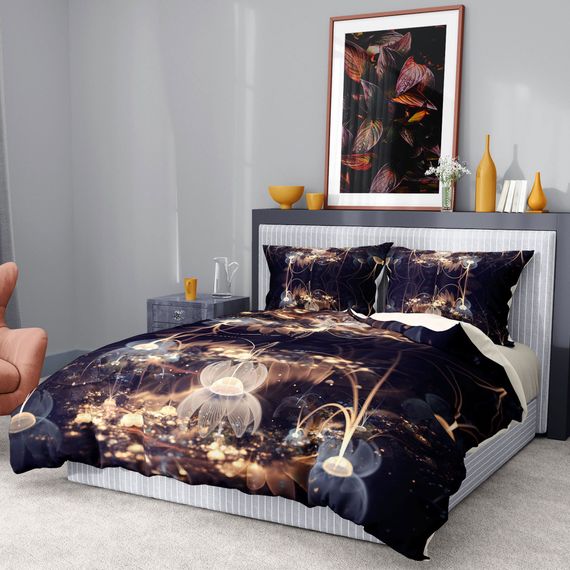 طقم غطاء لحاف مزدوج فاخر فاخر من Monohome مصنوع من القطن الساتان ثلاثي الأبعاد باللون البني اللوتس - صورة 2