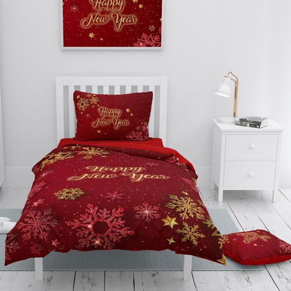 Монохом Рождественский односпальный 3D комплект постельного белья из сатина с кристаллами снега, 160x220 см, яркие цвета, высокое качество - фото 1