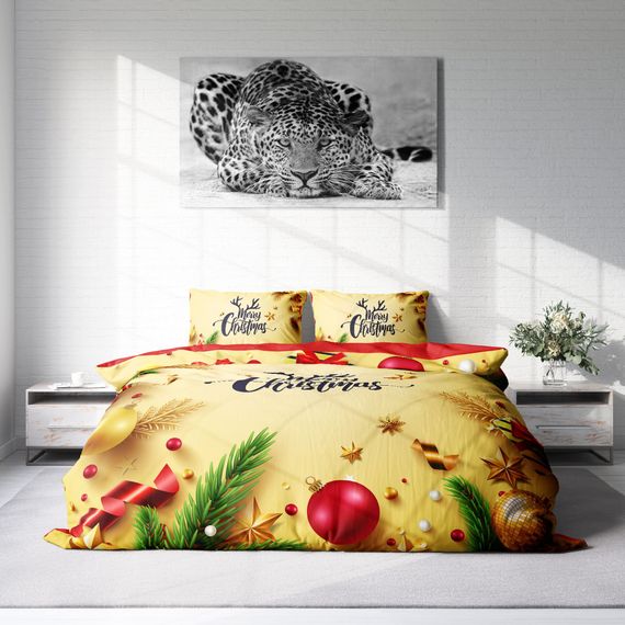 Комплект постельного белья Monohome Merry Christmas, двуспальный, 3D, 200x220 см, хлопковый сатин, желтый, с живыми цветами и оригинальным дизайном - фото 3