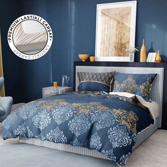 Monohome Premium Luxury Double Duvet Cover Set 3D Cotton Satin Blue Damask - photo 1