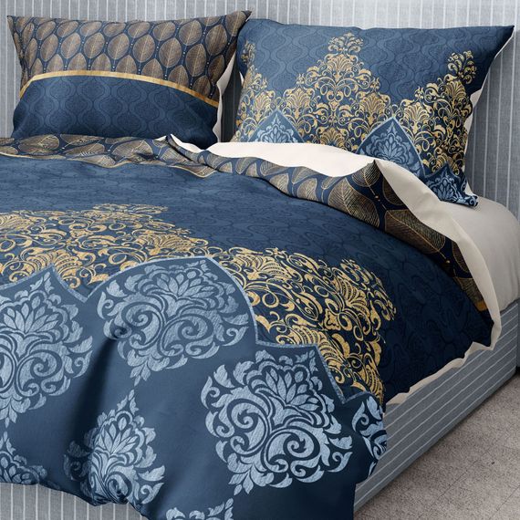 Monohome Premium Luxury Double Duvet Cover Set 3D Cotton Satin Blue Damask - photo 3