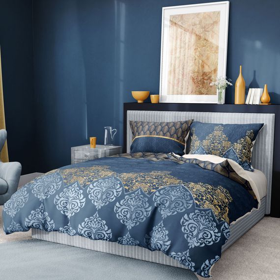 Monohome Premium Luxury Double Duvet Cover Set 3D Cotton Satin Blue Damask - photo 2