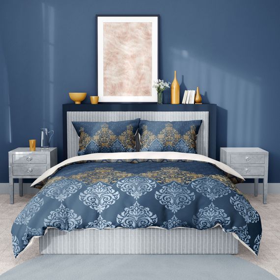 Monohome Premium Luxury Double Duvet Cover Set 3D Cotton Satin Blue Damask - photo 4