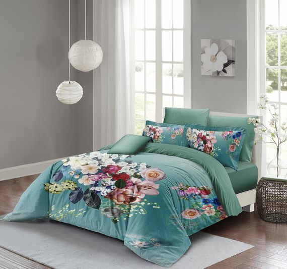 MonoHome Floral Turquoise Double Duvet Cover Set 3D Cotton Satin - photo 1