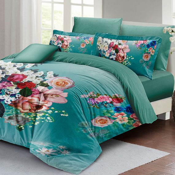 MonoHome Floral Turquoise Double Duvet Cover Set 3D Cotton Satin - photo 2