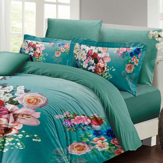 MonoHome Floral Turquoise Double Duvet Cover Set 3D Cotton Satin - photo 3