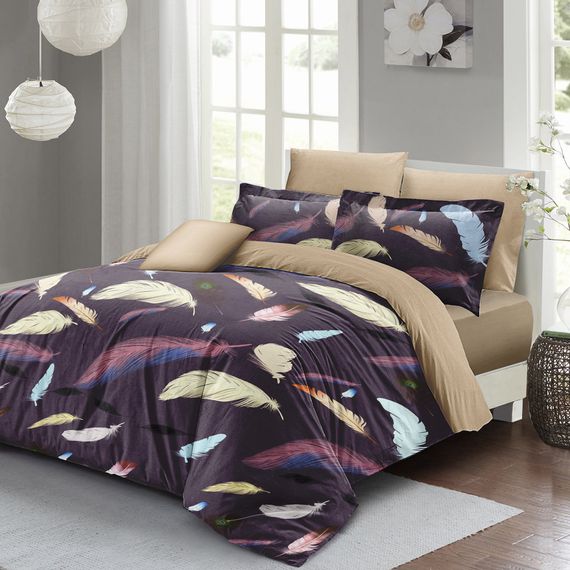 طقم غطاء لحاف MonoHome مزدوج 3D قطن ساتان ملون ريش - صورة 2