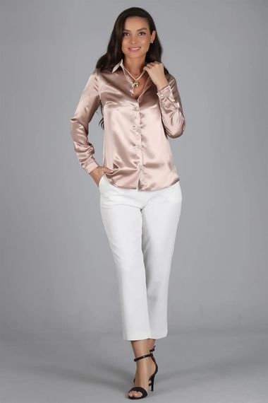 Женская атласная рубашка с легкой драпировкой Dusty Rose HZL22W-BD139641 - фото 5