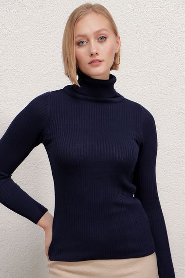 Women's Navy Blue Turtleneck Corded Knitwear Turtleneck Sweater HZL22W-BD1445001 - photo 2