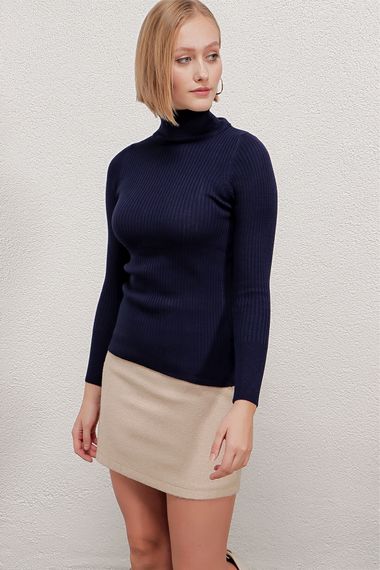 Women's Navy Blue Turtleneck Corded Knitwear Turtleneck Sweater HZL22W-BD1445001 - photo 4