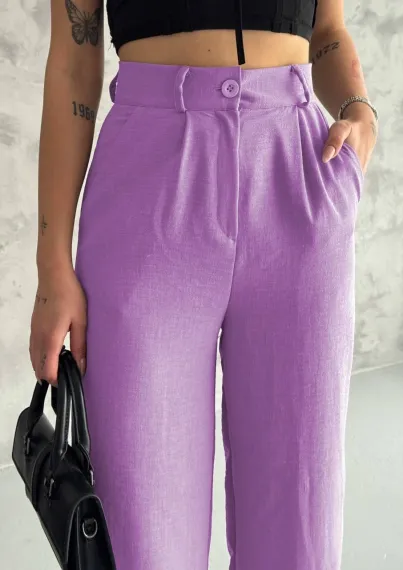 Women's Lilac High Waist Wide Leg Pocket Imported Linen Trousers HZL24S-FRY121821 - photo 2