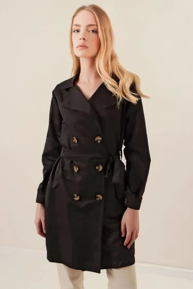 Women's Black Double Breasted Collar Belted Unlined Seasonal Casual Short Trench Coat Hzl23S-BD158641 - photo 1