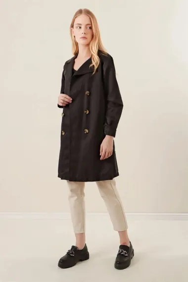 Women's Black Double Breasted Collar Belted Unlined Seasonal Casual Short Trench Coat Hzl23S-BD158641 - photo 2