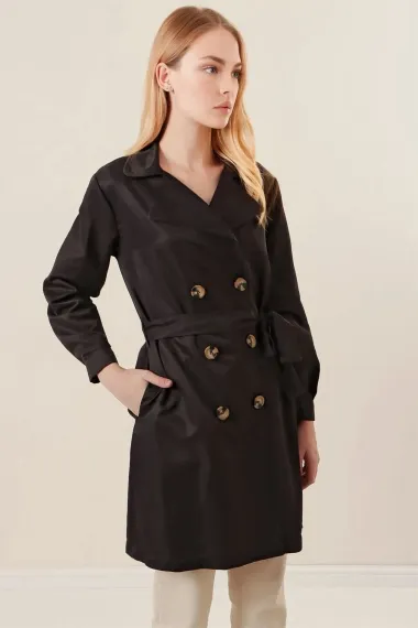 Women's Black Double Breasted Collar Belted Unlined Seasonal Casual Short Trench Coat Hzl23S-BD158641 - photo 4