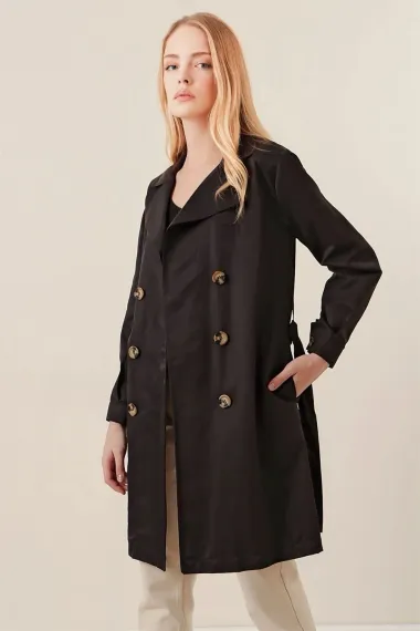 Women's Black Double Breasted Collar Belted Unlined Seasonal Casual Short Trench Coat Hzl23S-BD158641 - photo 3