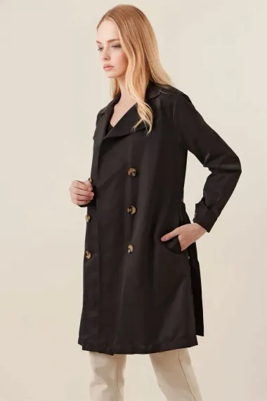 Women's Black Double Breasted Collar Belted Unlined Seasonal Casual Short Trench Coat Hzl23S-BD158641 - photo 5