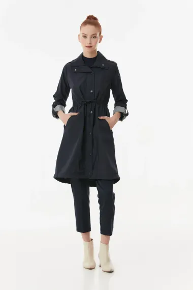 Women's Navy Blue Pocket Detailed Drawstring Waist Lined Long Trench Coat HZL23W-BD158081 - photo 1