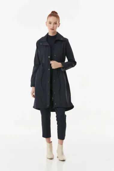 Women's Navy Blue Pocket Detailed Drawstring Waist Lined Long Trench Coat HZL23W-BD158081 - photo 4