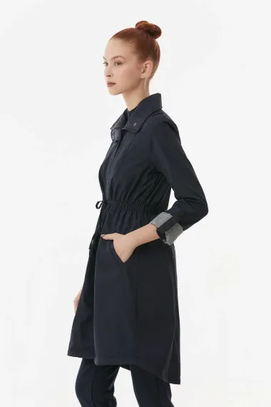 Women's Navy Blue Pocket Detailed Drawstring Waist Lined Long Trench Coat HZL23W-BD158081 - photo 5