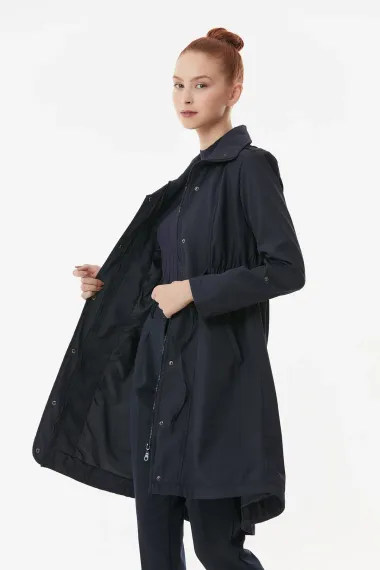 Women's Navy Blue Pocket Detailed Drawstring Waist Lined Long Trench Coat HZL23W-BD158081 - photo 3