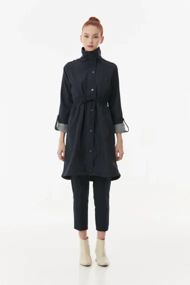 Women's Navy Blue Pocket Detailed Drawstring Waist Lined Long Trench Coat HZL23W-BD158081 - photo 2