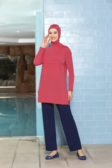 Women's Hijab Pink Pocketed Long Sleeve Full Covered Tights Lycra Dress Swimsuit HZL24S-AR1254-15