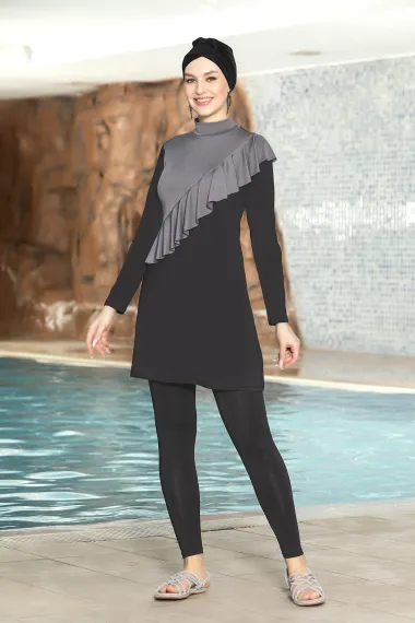 Women's Hijab Black Long Sleeve Bonnet Full Covered Front Ruffle Leggings Dress Swimsuit HZL24S-AR1262-01 - photo 1