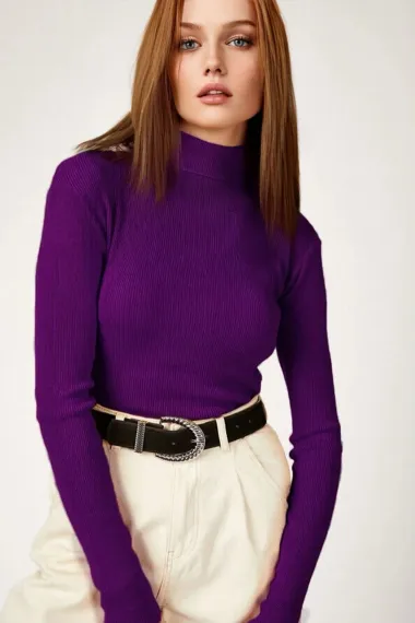 Women's Purple Turtleneck Corded Knitwear Turtleneck Sweater HZL22W-BD1445001