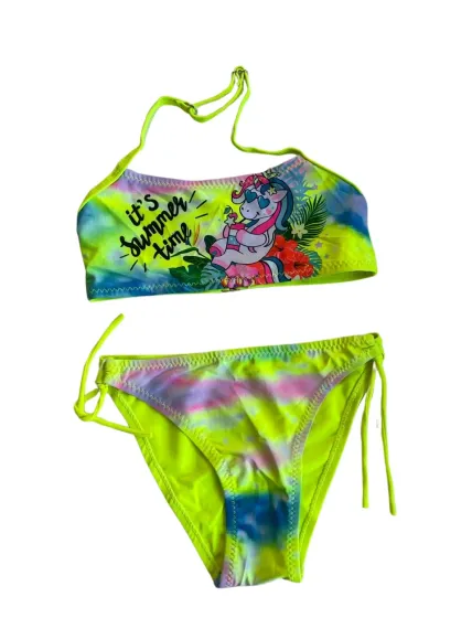 Kız Çocuk Neon Sarı Desenli  2-8 Yaş Straplez Bikini Takım HZL24S-LC3652 - صورة 1