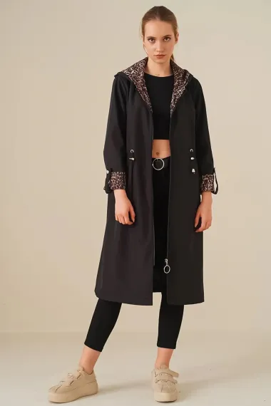 Women's Leopard Patterned Black Drawstring Waist Hooded Long Trench Coat HZL22W-BD190911 - photo 1