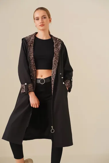 Women's Leopard Patterned Black Drawstring Waist Hooded Long Trench Coat HZL22W-BD190911 - photo 2