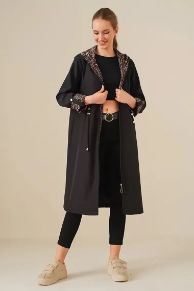 Women's Leopard Patterned Black Drawstring Waist Hooded Long Trench Coat HZL22W-BD190911 - photo 3