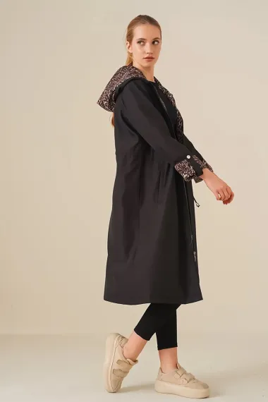 Women's Leopard Patterned Black Drawstring Waist Hooded Long Trench Coat HZL22W-BD190911 - photo 5