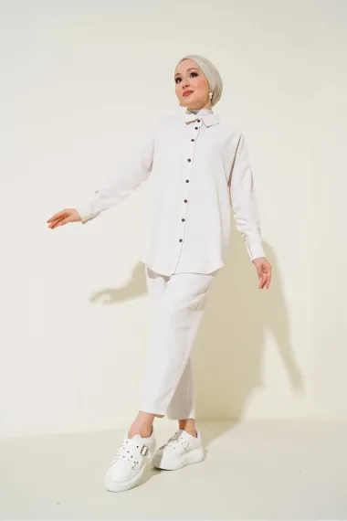 Women's Hijab Cream Linen Shirt and Trousers Top-bottom Double Suit HZL24W-BD166221 - photo 4